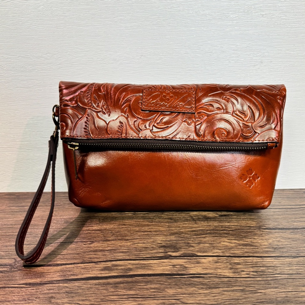 Patricia Nash brown leather Valerie wristlet clutch bag, foldover wallet purse